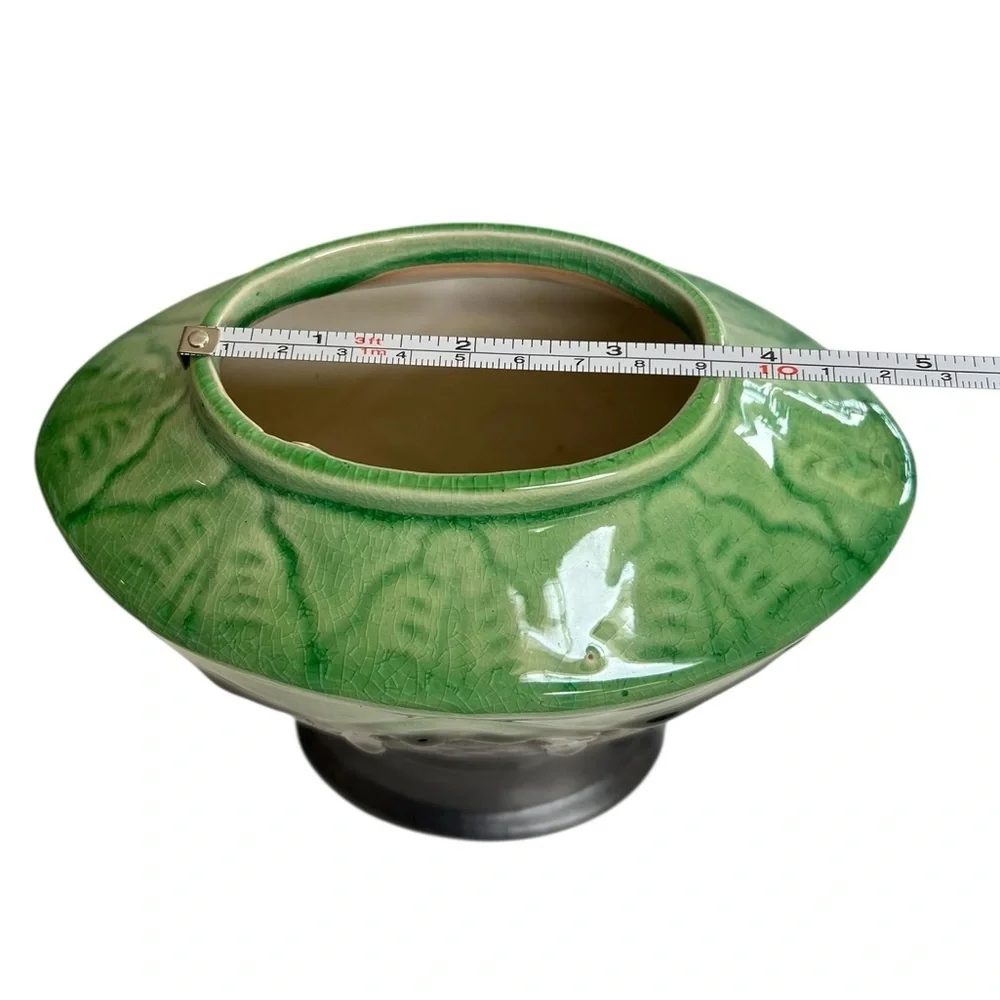 Vintage Art Deco Green & Black Drip Ceramic Vase Collectible Vietnam